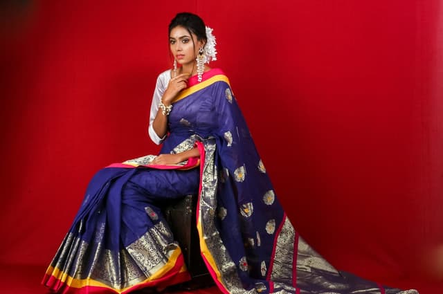 Woman in a blue and gold silk saree on a red background