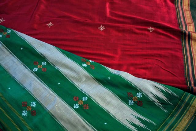 Red and green handloom cotton saree fabric